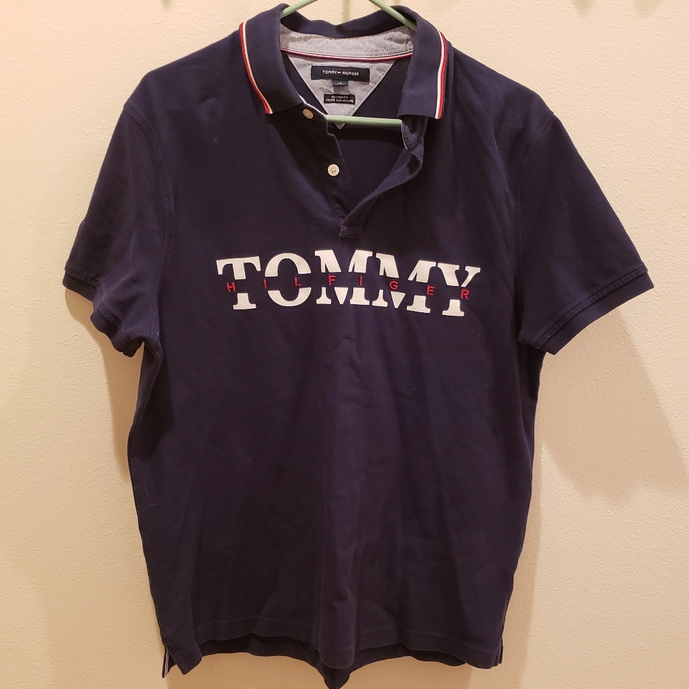 Polo Shirt, Mens Lg, Navy Blue Tommy Hilfiger Logo Short-Sleeve